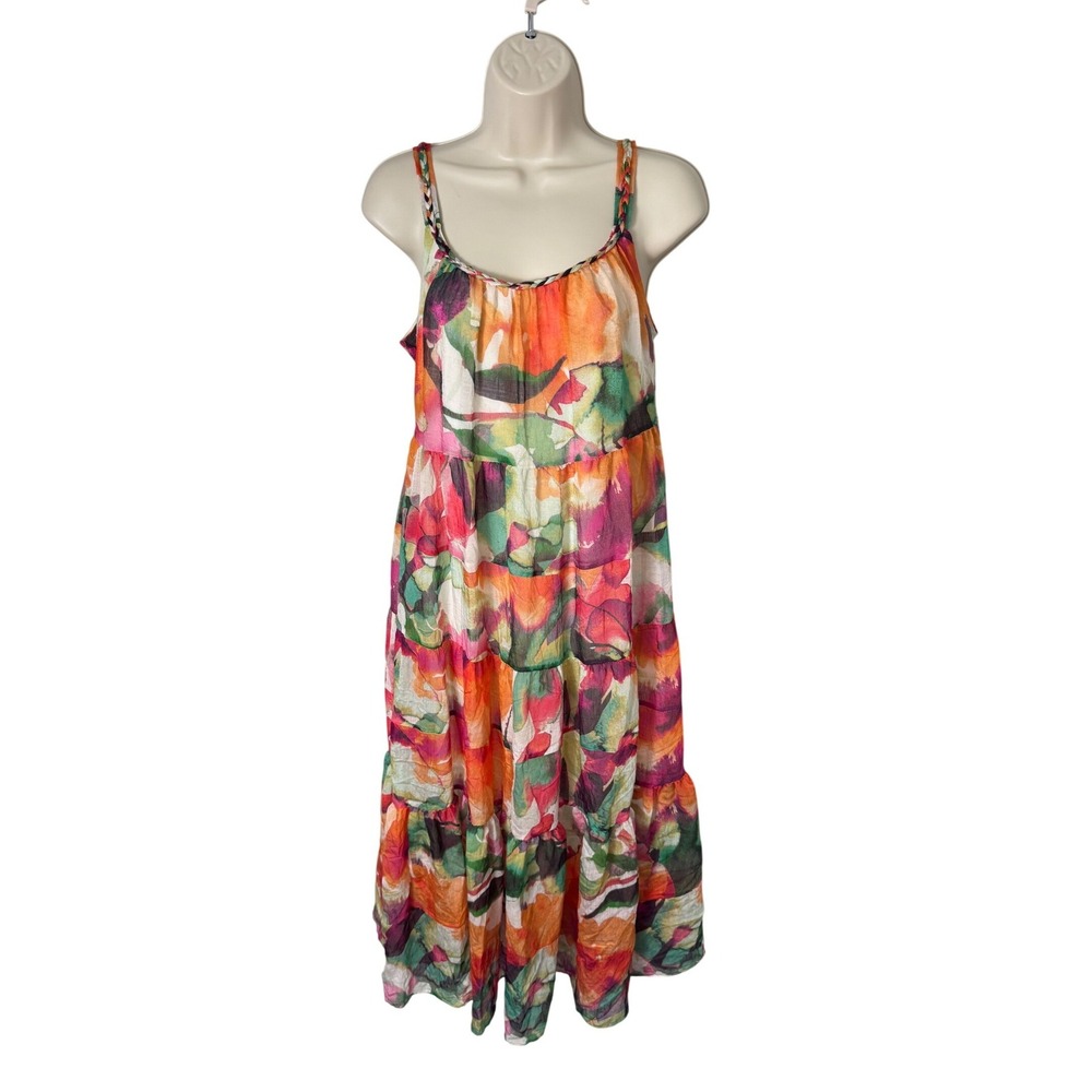 Signature By Robbie Bee Abstract Floral Tiered Maxi Dress Sz PM Boho Vacation